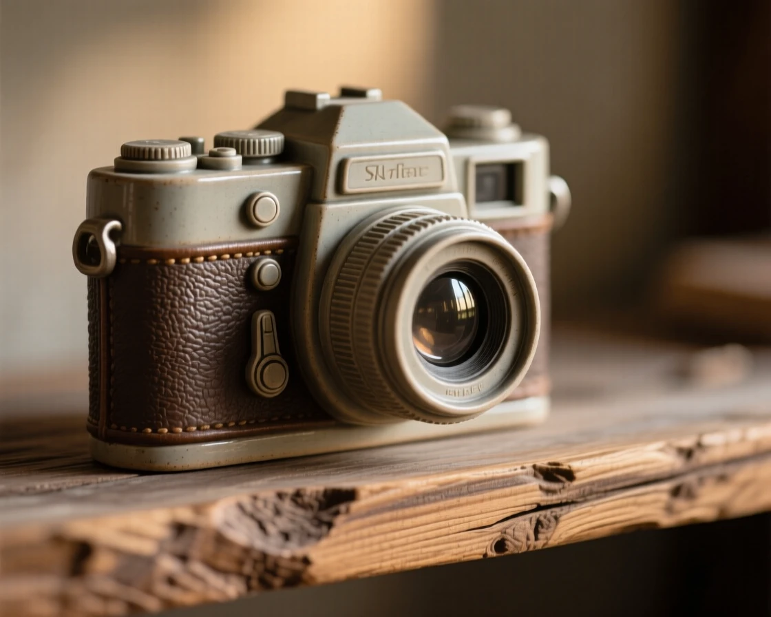A vintage camera resting on a wooden shelf framed in soft, warm ambient light, set against a softly blurred background, stirring fond memories of simpler times.