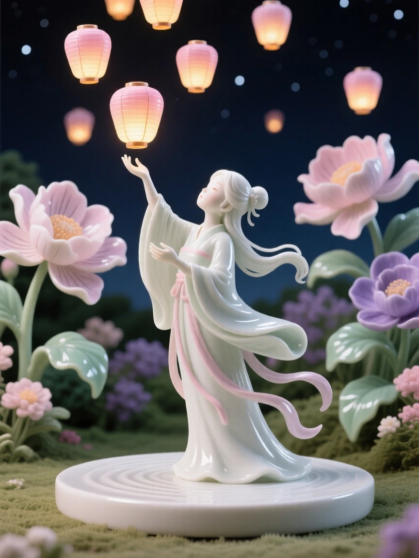 A whimsical scene of a young sorceress releasing a flock of glowing lanterns into the night sky in a garden of oversized flowers.