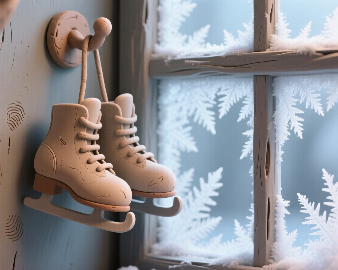 A pair of ice skates hanging beside a frost-covered window