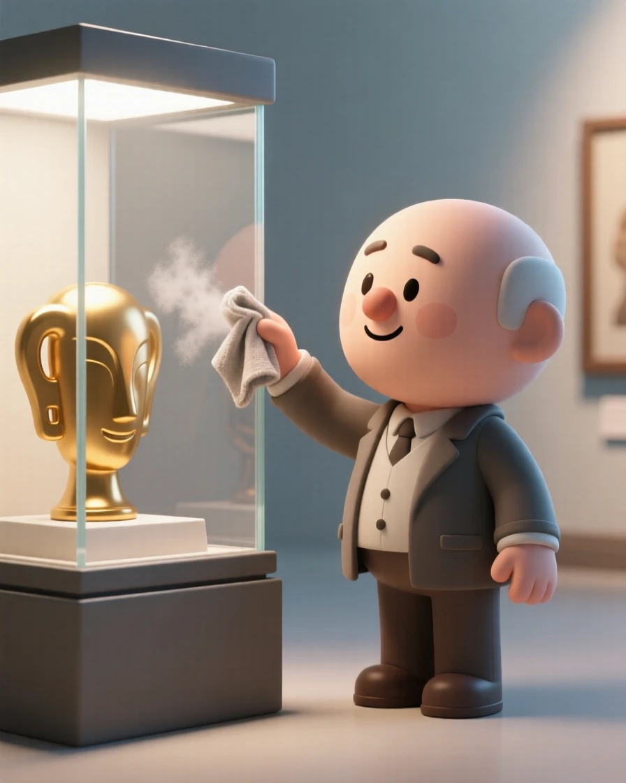 A proud museum curator carefully dusts a display case holding a gleaming ancient artifact under soft gallery light.