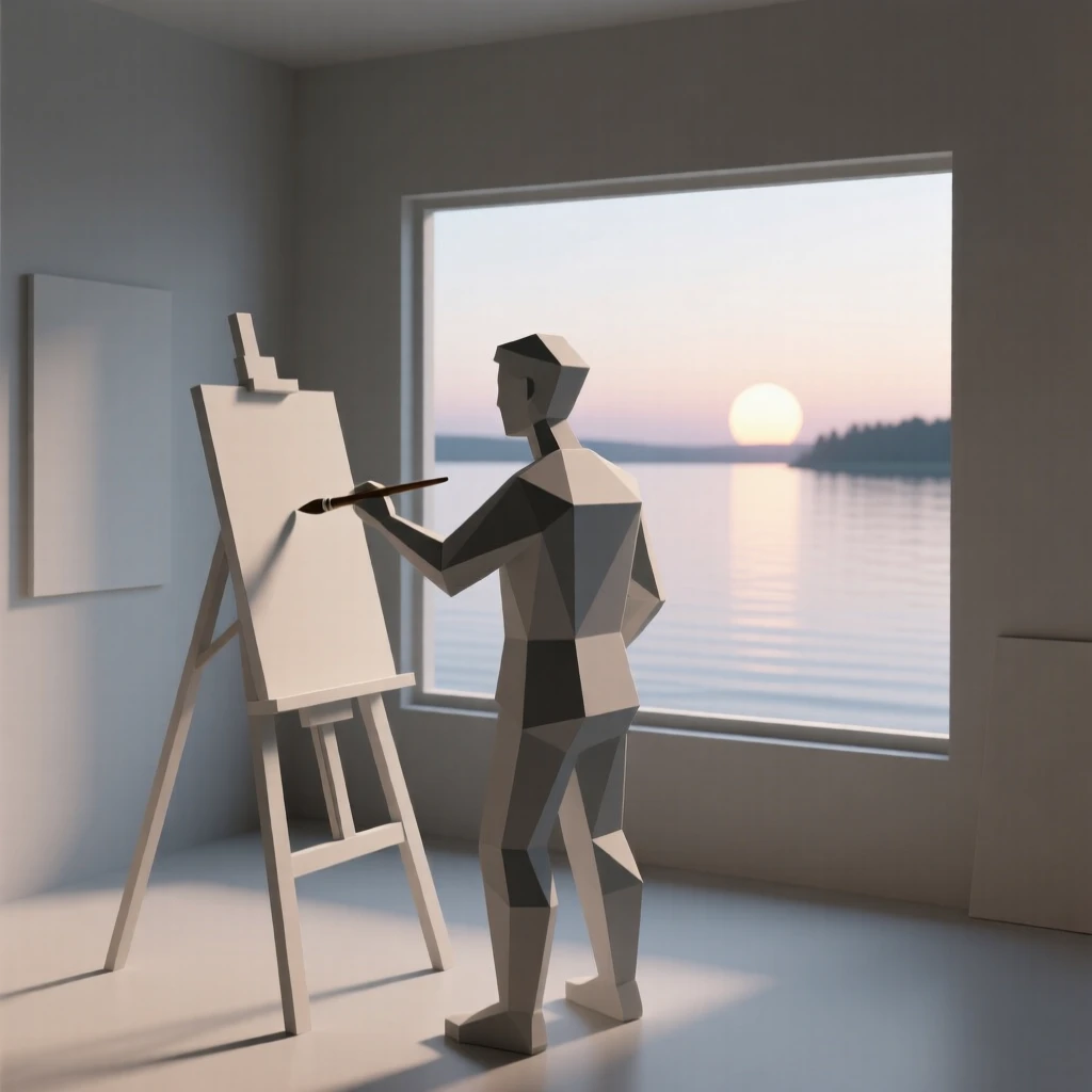A painter working at an easel in a sunlit studio, beside a tranquil lake at dawn. a shallow depth of field keeps the action sharply in focus. The moment radiates confidence and joy.