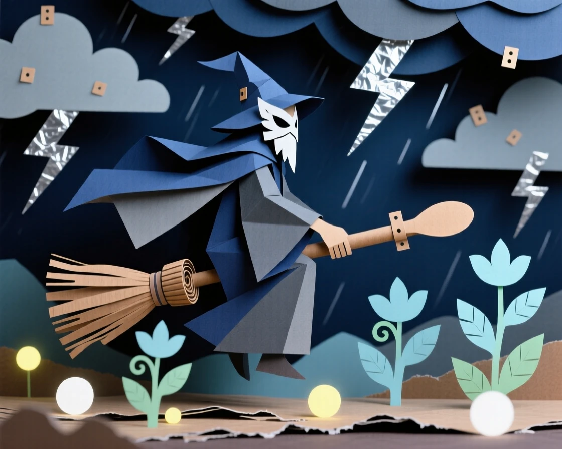 A masked sorcerer riding through a storm-lit sky, with luminescent plants lighting the surroundings, capturing epic scale and wonder.