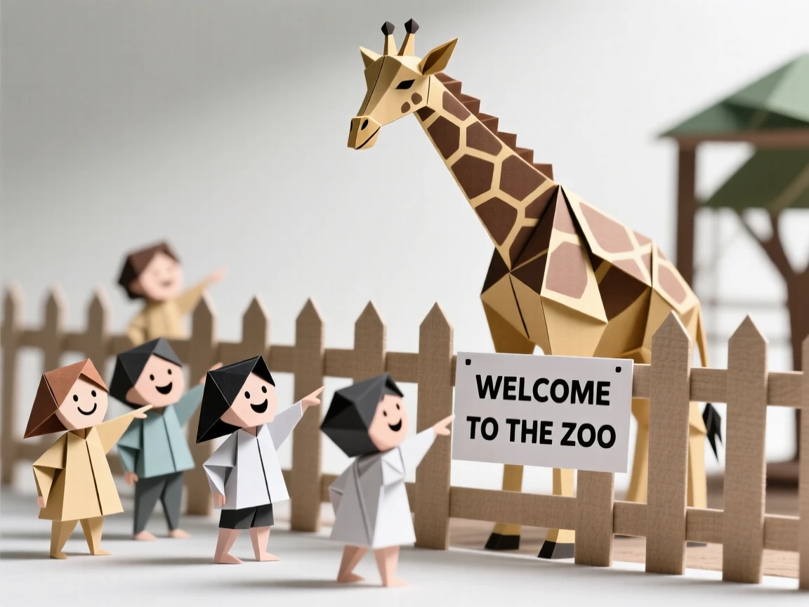 A trip to the zoo scene with children pointing excitedly at a giraffe through the fence.