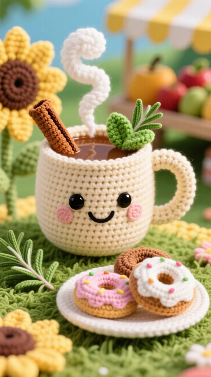 a smiling mug of apple cider character, with a cinnamon stick stirrer, steaming beside a plate of donuts, displayed in a bright summer fruit stand, with a sprig of fresh herbs as garnish, radiating a cozy sense of shared treats.