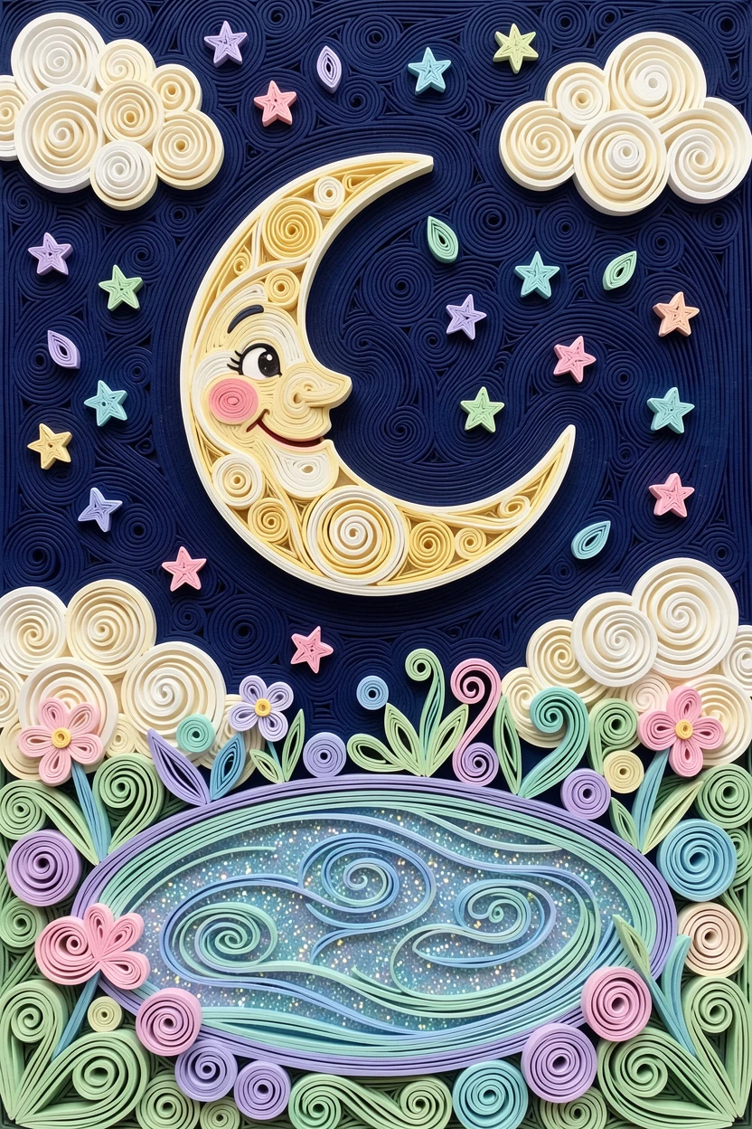 A whimsical children's scene of a starry night sky with a smiling crescent moon beside a sparkling toy pond, in a playful pastel color scheme, composed with playful, bouncy rounded shapes throughout.