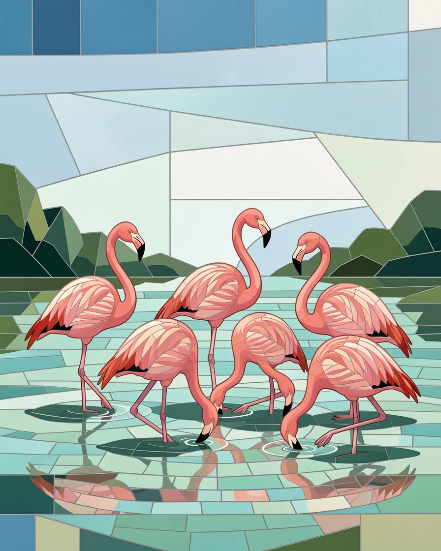 A flock of pink flamingos wading in shallow tropical water, captured in soft natural light with a shallow depth of field.