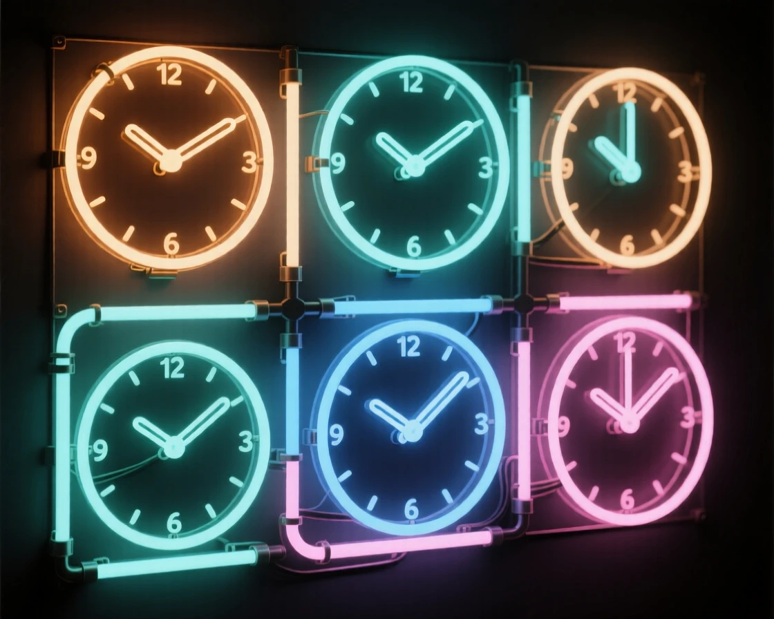 A wall of vintage clocks all displaying different times.