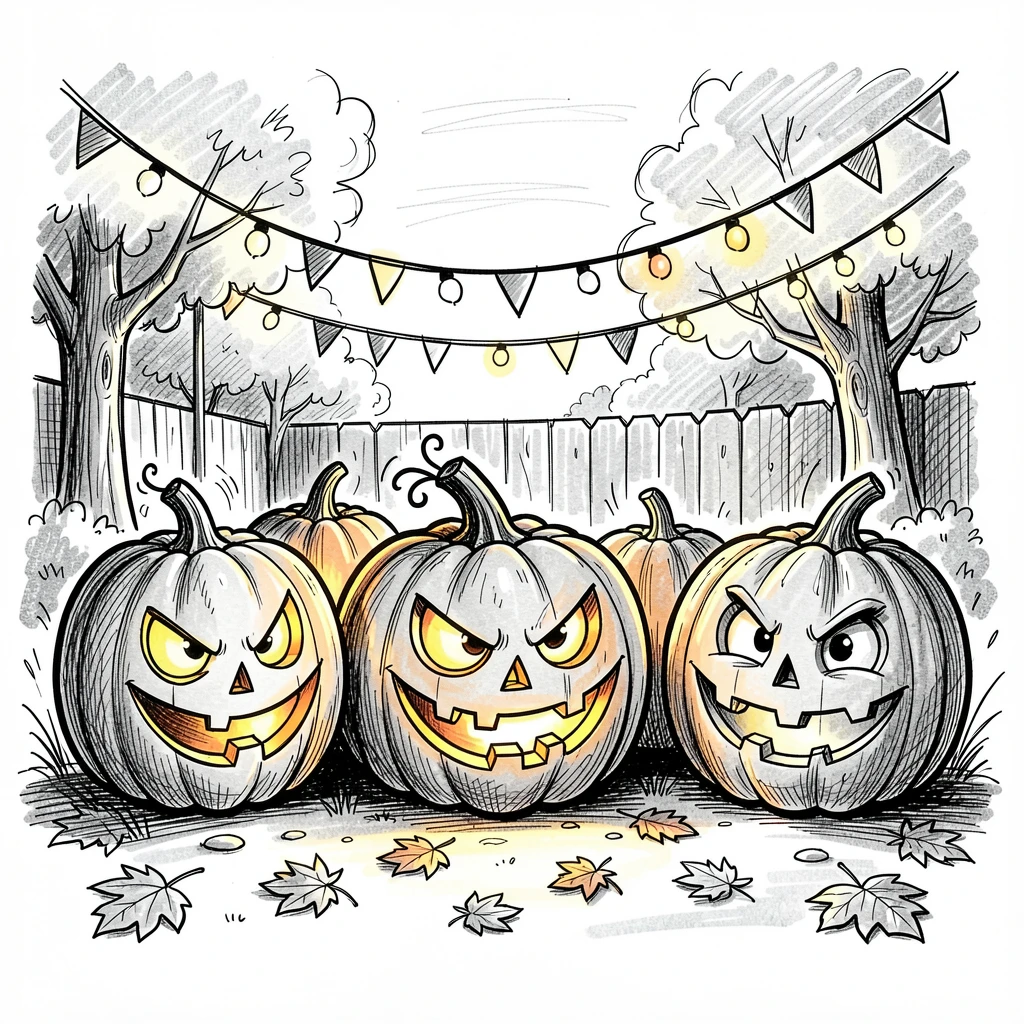 A row of carved pumpkins glowing at dusk in a backyard decorated for a celebration.