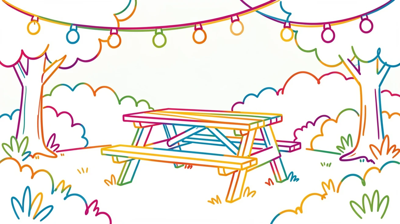 A picnic table set beneath string lights in a garden at dusk.