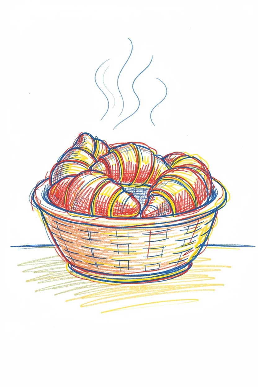 A basket of freshly baked croissants still steaming on a bakery counter