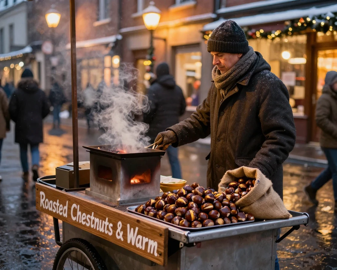 A street vendor selling roasted chestnuts on a winter evening