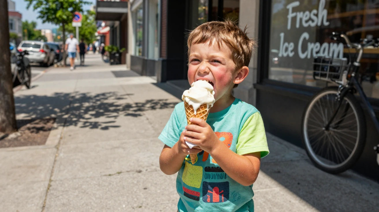 A child eagerly bites into a dripping ice cream cone on a hot summer sidewalk.