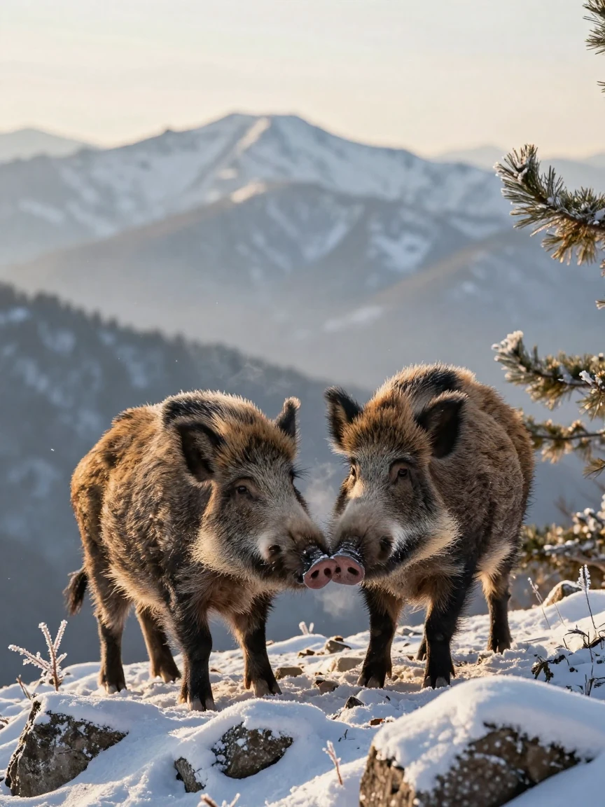 A wild boar grooming one another with great care on a remote snow-covered ridge