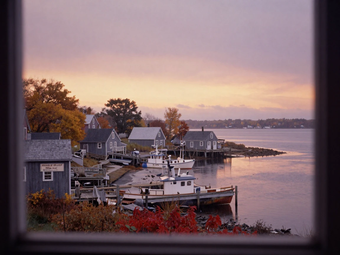 A small fishing village built along a curved coastal bay, under a glowing sunset sky, under a light drizzle, as autumn leaves turn gold and red, in soft muted pastels, viewed from across the room.