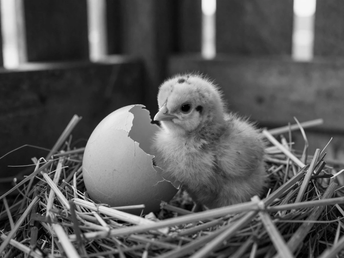 A cracked eggshell reveals a hatching chick in a warm barnyard nest.
