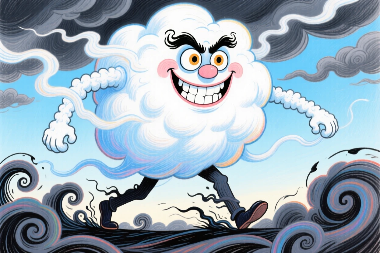 A cloud giant striding across the sky, storm clouds swirling around his feet.