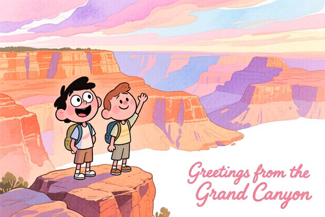 A dreamy travel postcard scene of the Grand Canyon with layered orange cliffs under a dramatic pastel sky