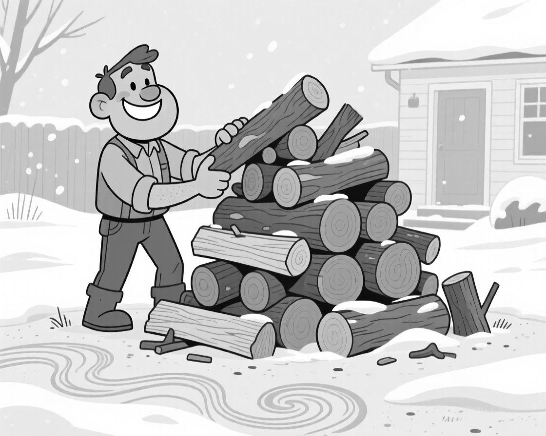 A woodsman stacking a wobbly tower of firewood, grinning ear to ear behind an enormous orange pile, set in a snow-covered front yard. Seafoam traces delicate patterns in the sand. The image feels like a breath of fresh outdoor air.