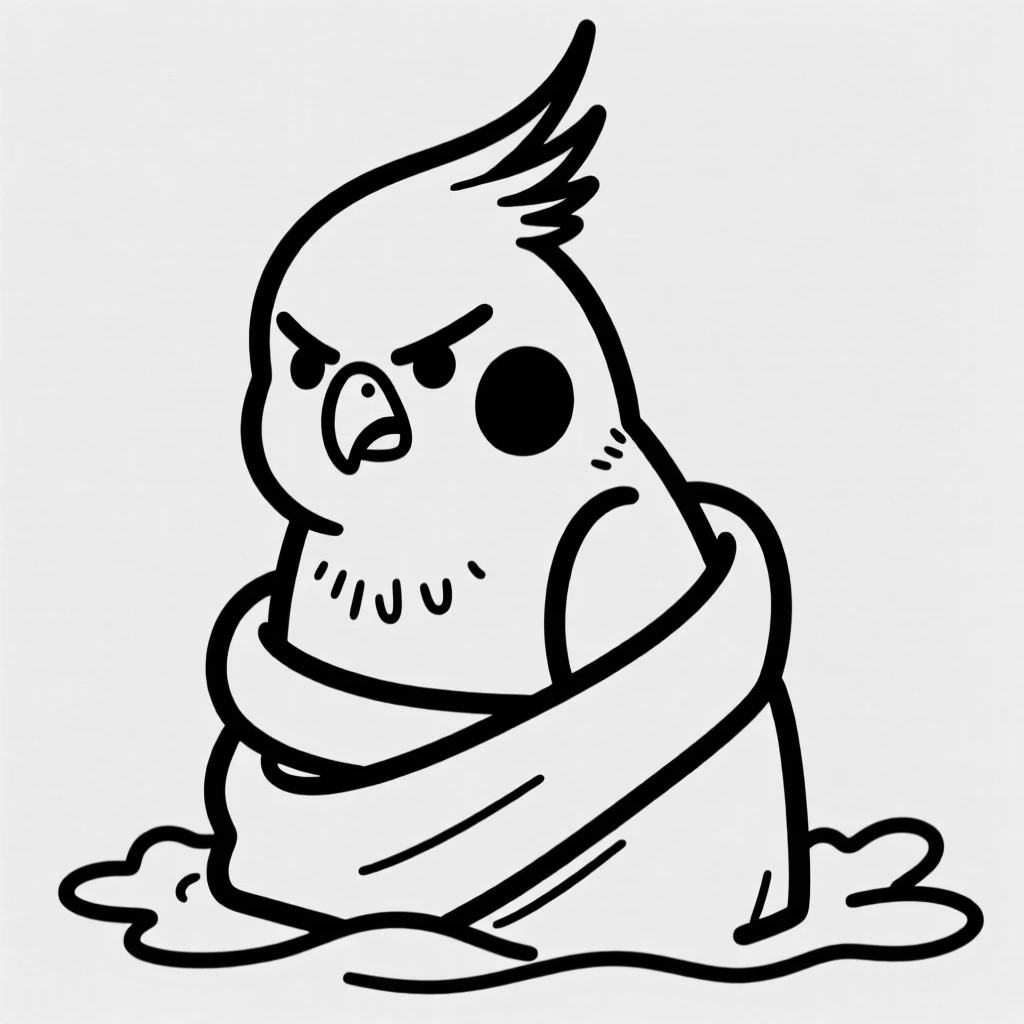 A cockatiel wrapped in a towel after a bath, looking grumpy but adorable.