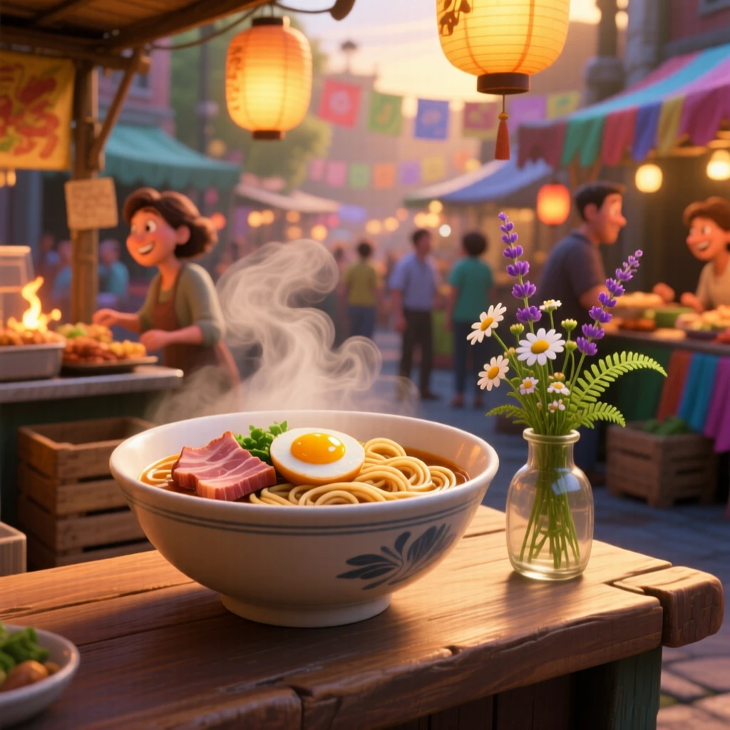 A bowl of steaming ramen with soft-boiled egg sits at a bustling street food market stall, with a small vase of wildflowers nearby. The scene feels inviting, warm, and delicious.