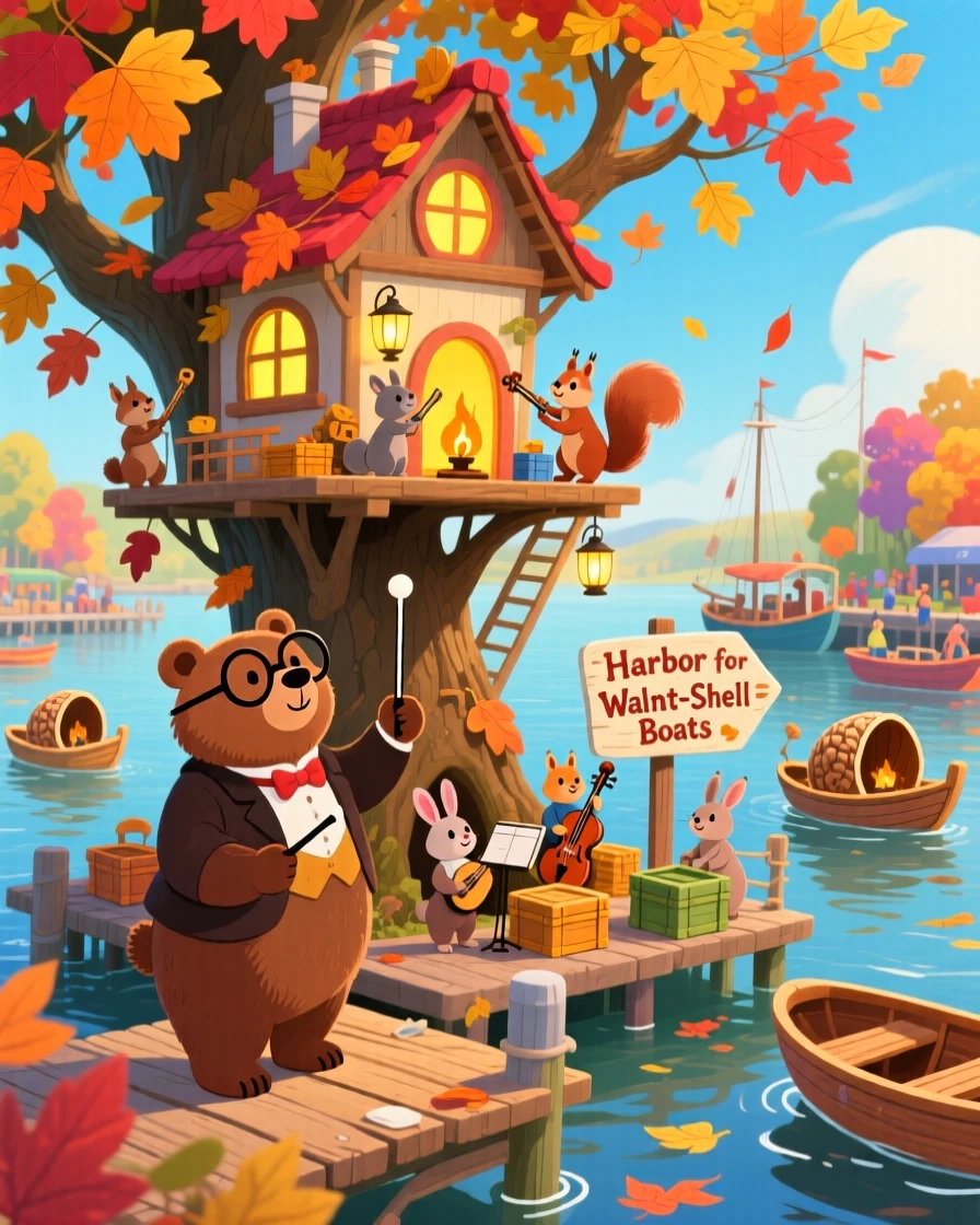 In a bustling harbor for walnut-shell boats, a bear conducting a tiny orchestra spends the day building a treehouse out of giant autumn leaves, while a warm glow radiates from every window.