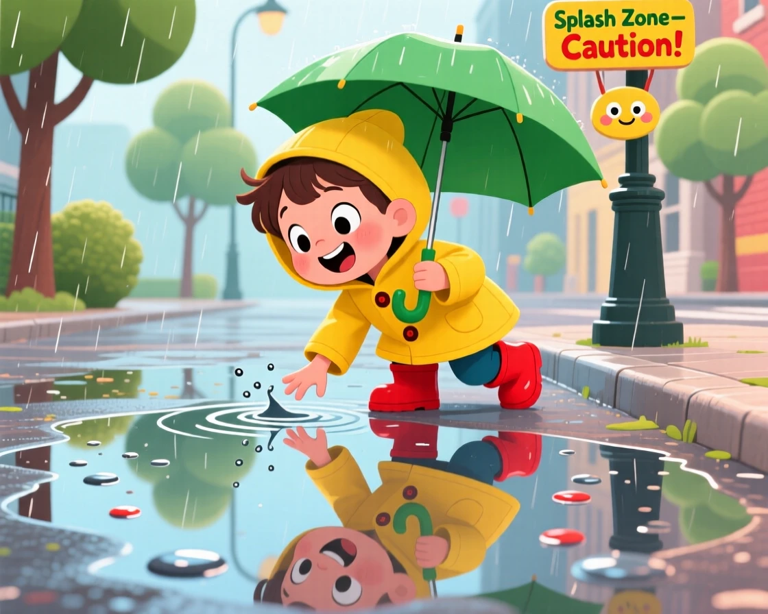 A child discovering their reflection in a puddle after rain.