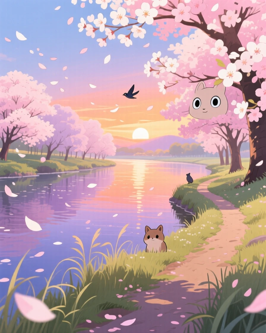 A breathtaking view of a cherry-blossom-lined riverbank, with a single winding dirt path leading into the distance, at sunrise, seen through a gentle foreground of grass.