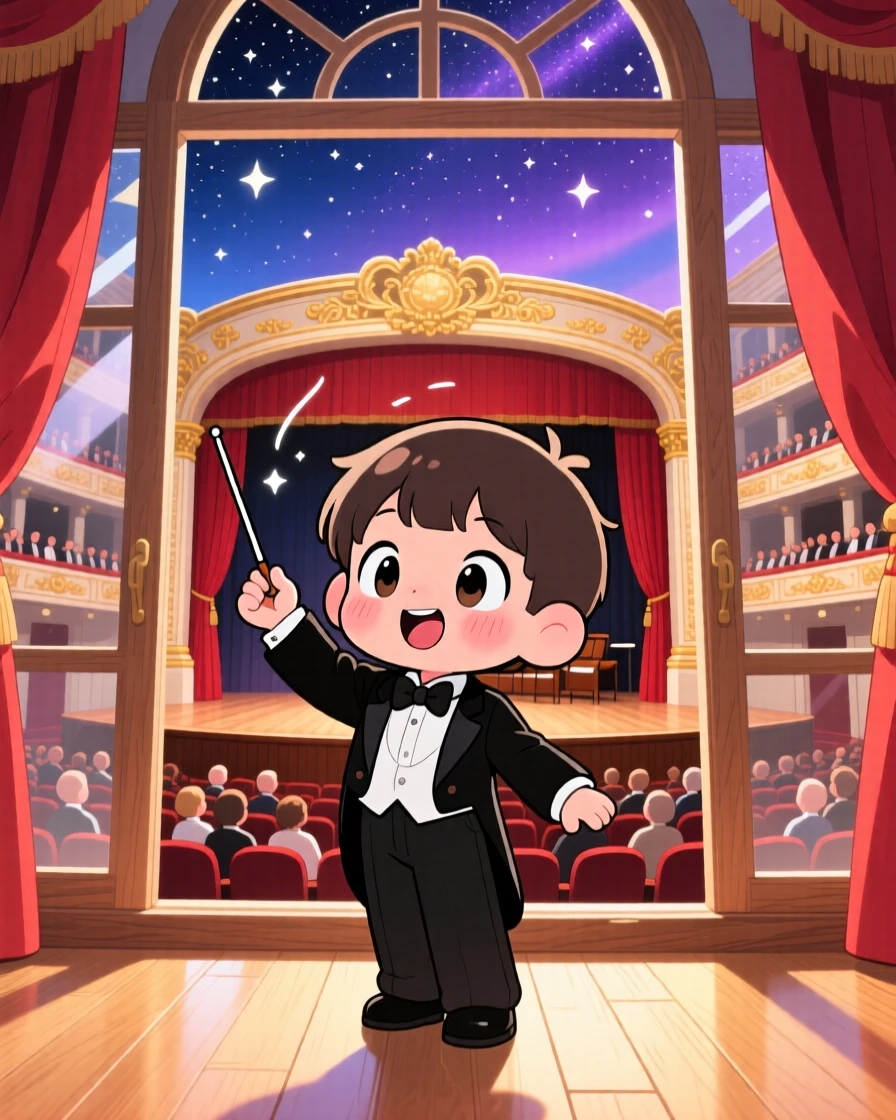 Framed through a window of a child conductor, waving a baton enthusiastically, in a grand concert hall, under a starry midsummer night sky, illuminated by bright midday sun, radiating gentle surprise.