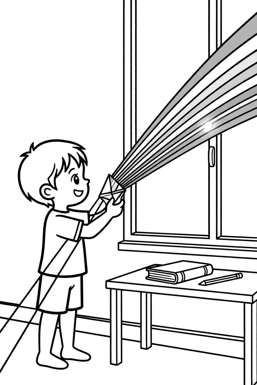 A child creating a rainbow with a prism and sunlight