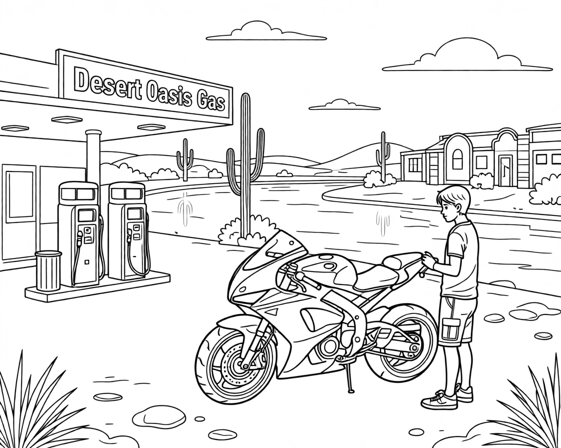 A motorcycle leaning on its kickstand at a desert gas station, with a river reflecting the surrounding architecture.