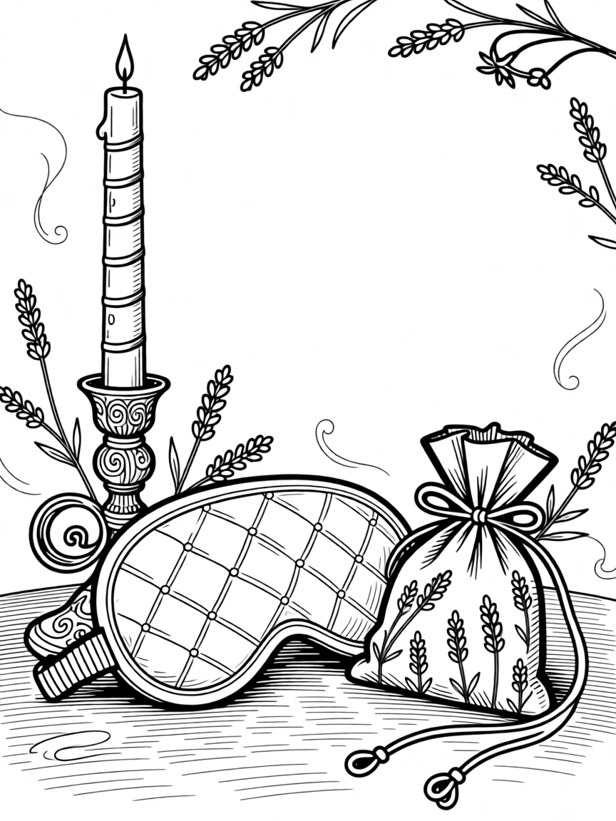 A set of rest items: an eye mask, candle, and lavender sachet.
