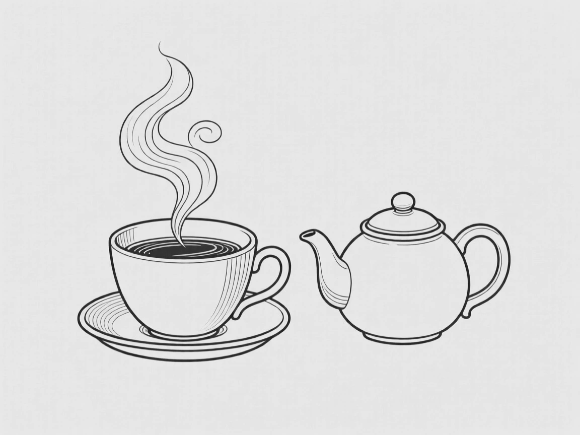 A cup of hot tea with steam rising beside a small teapot