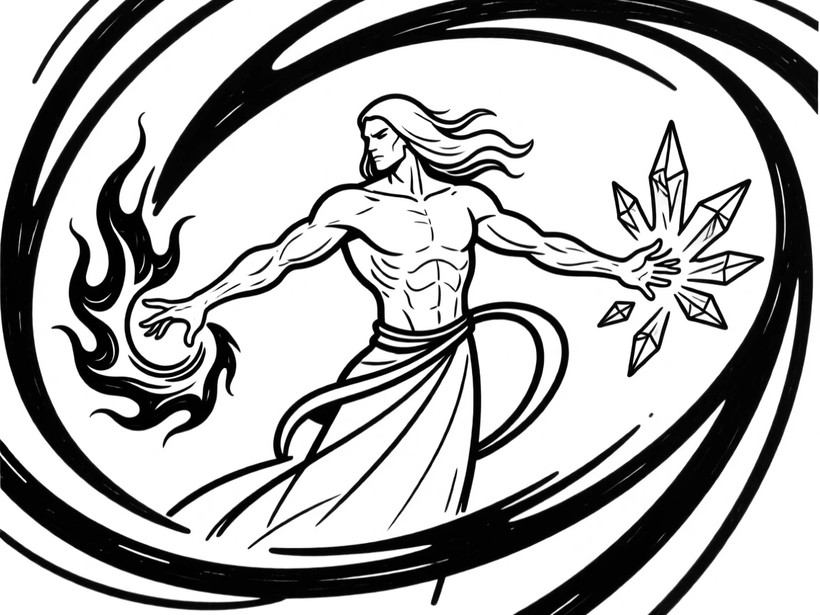 A sorcerer conjuring a swirling vortex of elemental fire and ice.