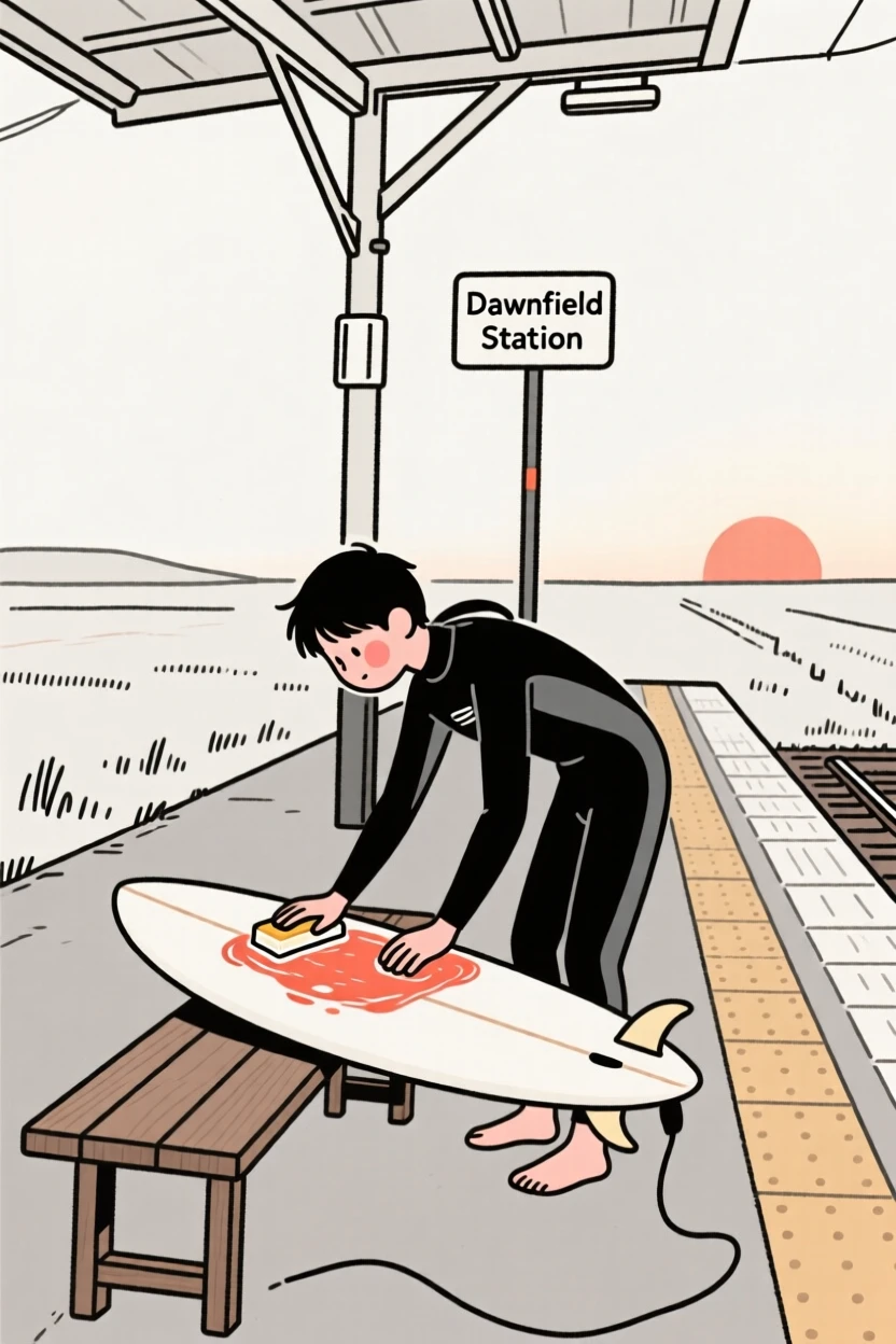 A surfer waxing a board at dawn at a rural train station.