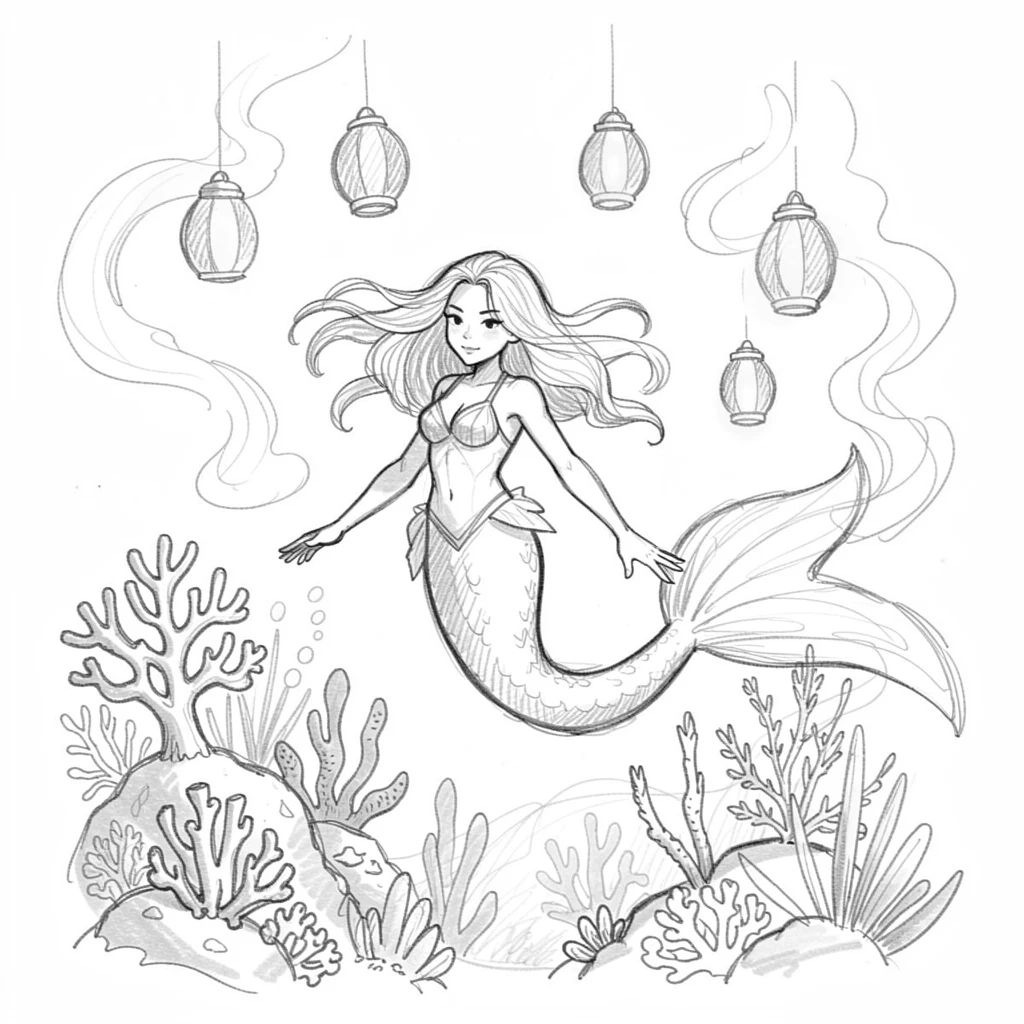 A mermaid gliding through a bioluminescent reef, surrounded by floating lanterns, with mist curling like living smoke.