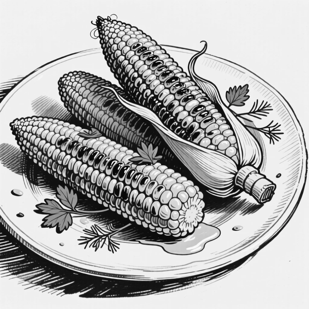 A plate of grilled corn on the cob brushed with butter and herbs.