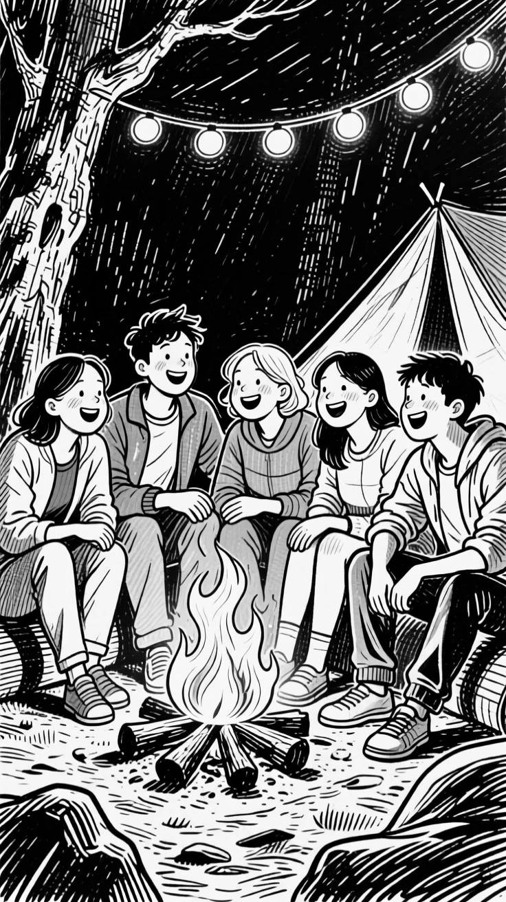 A group of friends laughing around a campfire beneath the glow of string lights, with soft light illuminating their faces, creating a tender and sincere lifestyle scene.