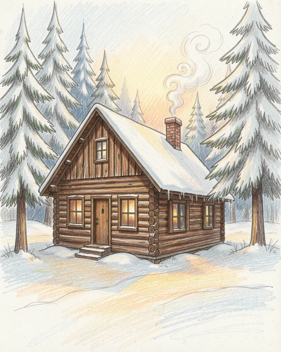 A rustic maple syrup cabin steaming in a snowy forest, set against a softly lit, atmospheric backdrop, designed to feel inviting, memorable, and shareable.