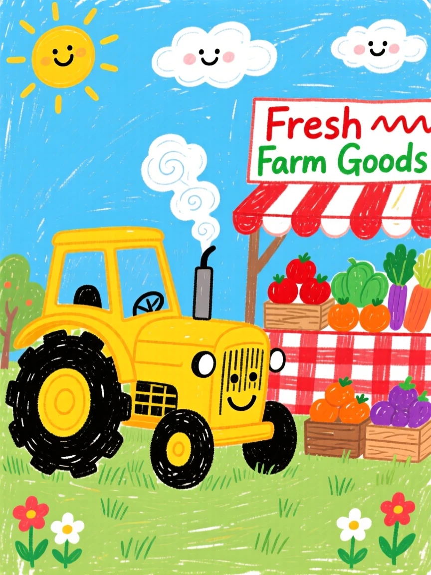 A sturdy yellow tractor parked beside a colorful farmers market.