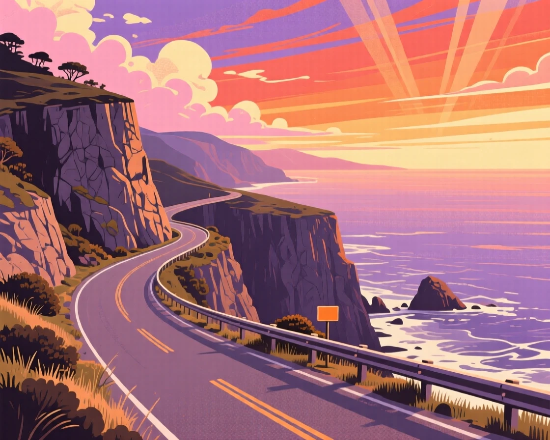 A scenic coastal road winding along dramatic cliffs, under a dramatic sunset sky, captured from a scenic elevated viewpoint, with a nostalgic, postcard-like charm.