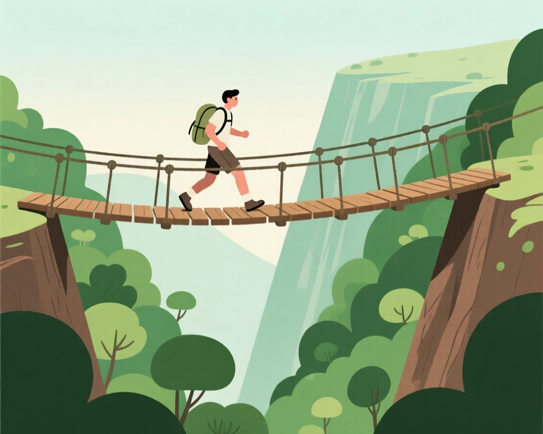 A traveler crossing a rope bridge suspended above a lush green gorge.