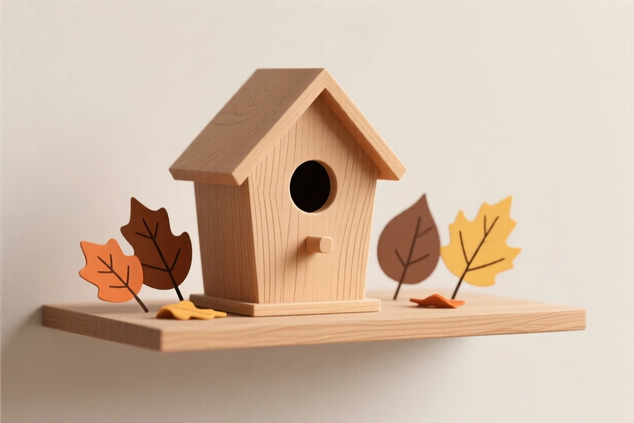 A wooden birdhouse resting on a minimalist shelf, surrounded by loose autumn leaves, evoking understated elegance.