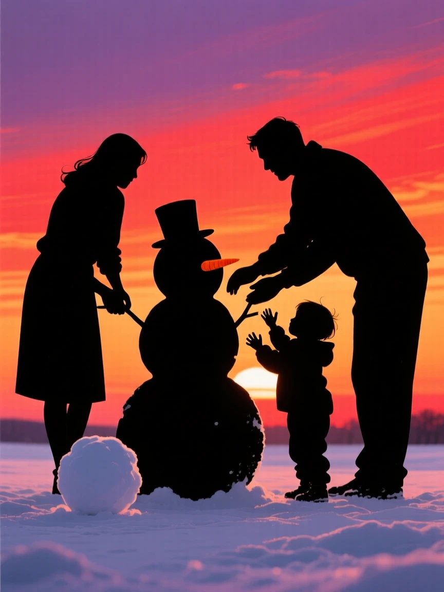 A couple building a snowman together with their young child.