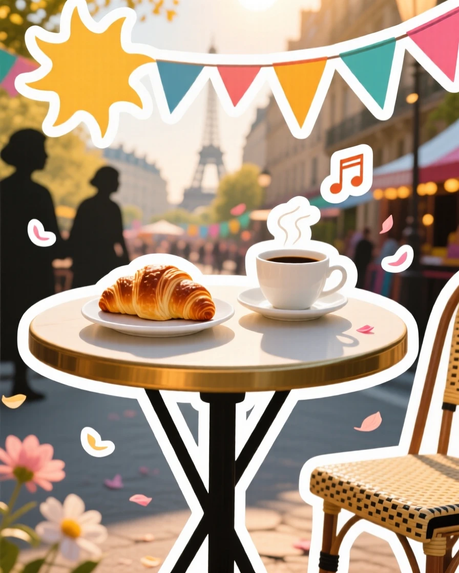 A sun-drenched Parisian café table with a croissant and coffee, surrounded by the sounds and colors of the region, at the peak of a local festival.