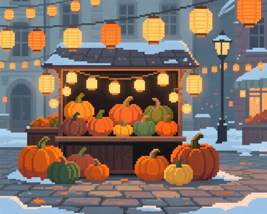 A market stall selling autumn pumpkins lit by dozens of small paper lanterns, in a town square during a winter market.