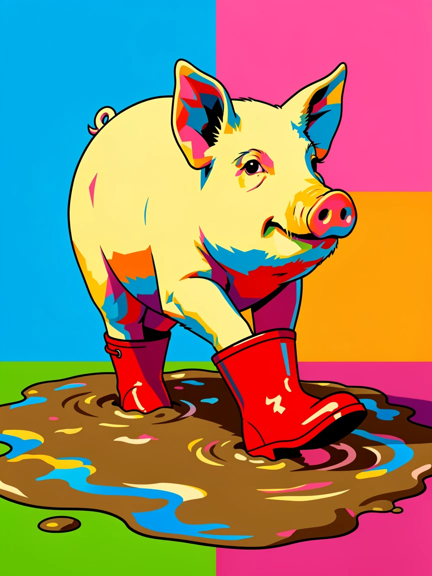 Pig wearing rain boots stomping in mud puddles