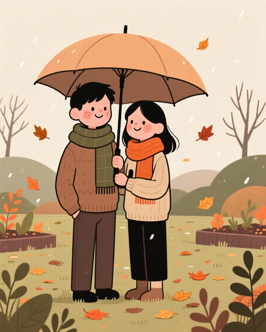 Soft autumn leaves falls over a sleeping garden as a young couple watches from under a wide umbrella, wrapped warmly against the winter air.