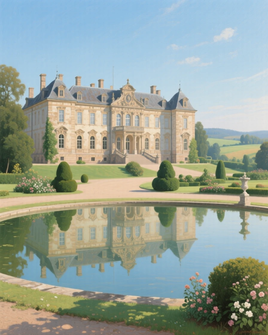 A grand panoramic scene of a grand old palace reflected in a still ornamental pool, in rural Poland, under a clear blue sky.