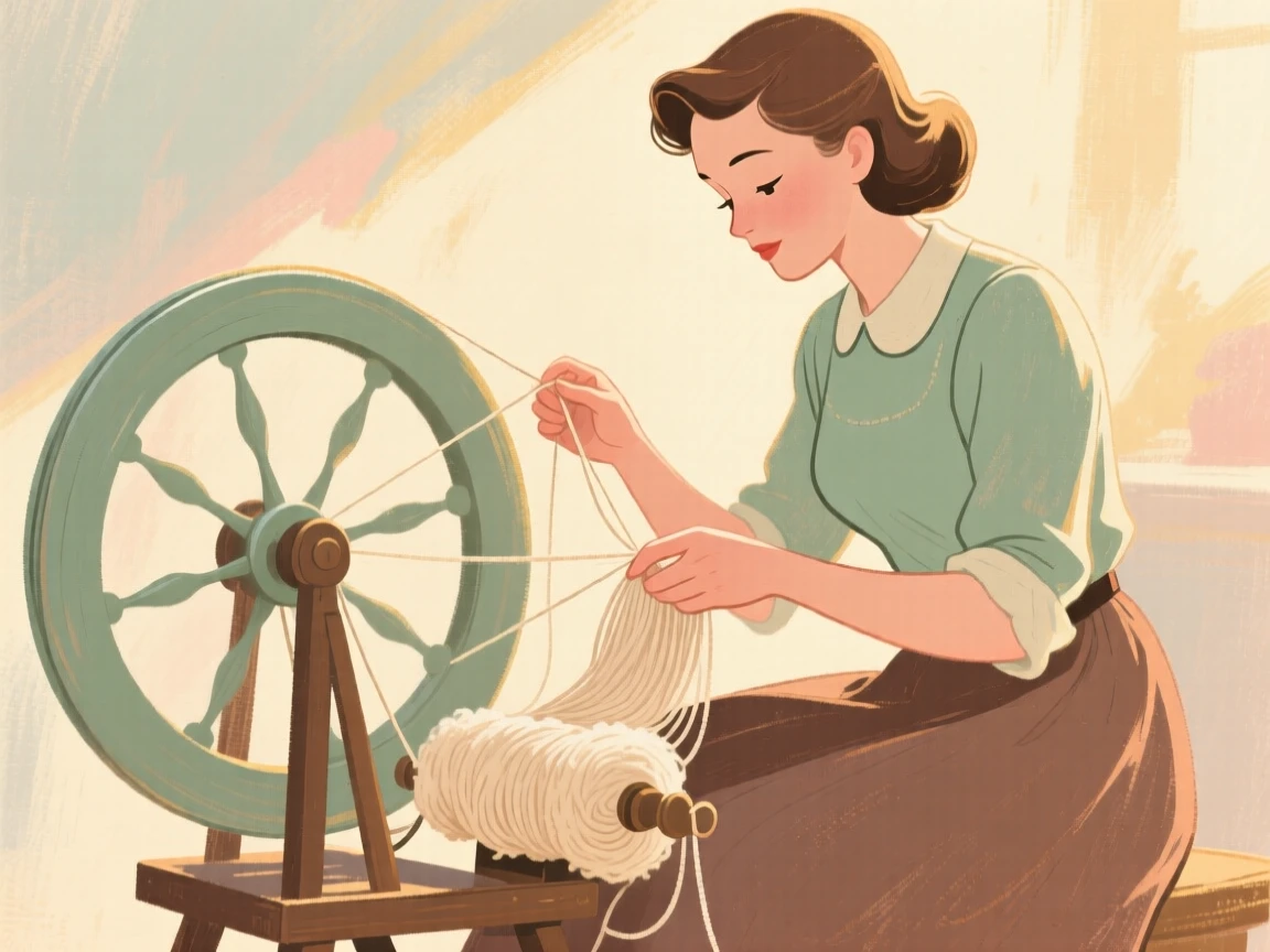 A wool spinner working fiber into thread on an old spinning wheel