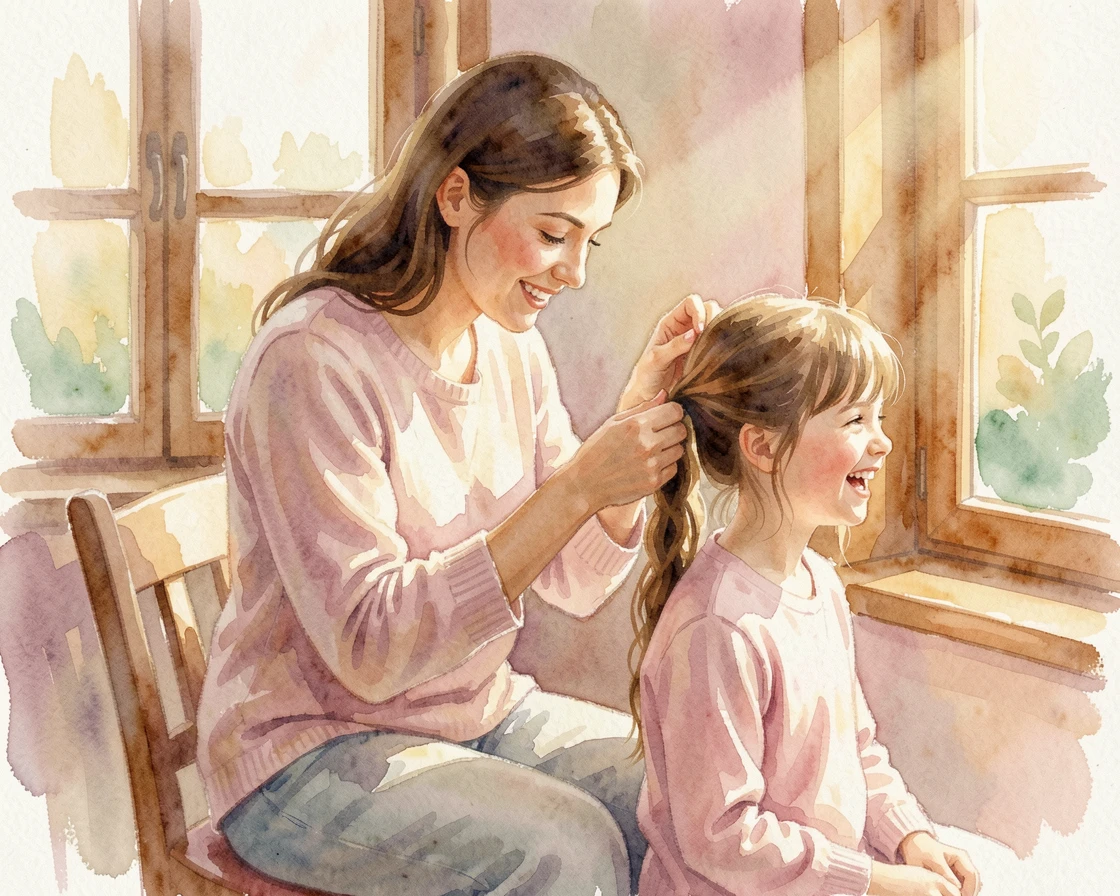 A mother braiding her daughter's hair by a sunny window with laughter echoing softly.